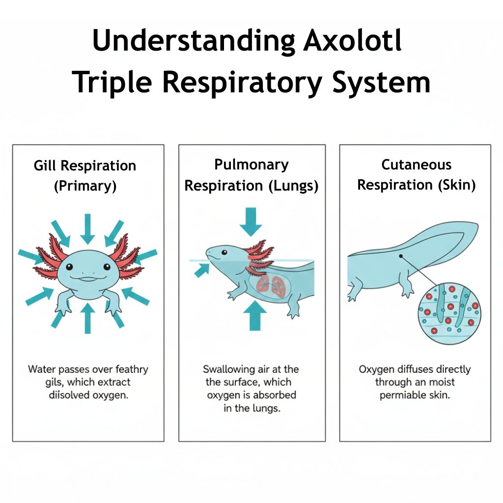 Discover how axolotls breathe three different ways. This clear diagram breaks down their unique triple respiratory system: gills for water, lungs for air, and direct skin absorption. Perfect for beginners!