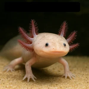 Close-up photograph of a pale pink axolotl pet walking on sandy substrate, showing its feathery red gills and smooth skin.