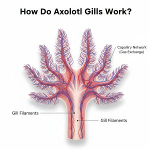 Detailed macro view of axolotl gills with pink skin and red filaments