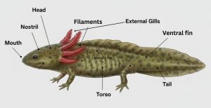 Scientific side view of an axolotl with detailed anatomy for Axolotl Biology