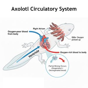Diagram of axolotl circulatory system showing single ventricle heart structure. Visualizes oxygen-poor blood flow from body to right atrium to ventricle to gills (where oxygenation occurs) then back to body. Highlights partial mixing of oxygenated and deoxygenated blood in ventricle, explaining amphibian metabolic adaptations.