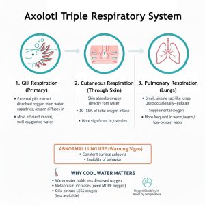 Simple diagram of the three axolotl breathing methods: primary gill respiration, supplemental pulmonary respiration (lungs), and cutaneous respiration (oxygen through the skin).