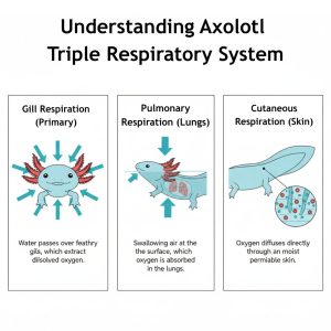 Illustrating the axolotl's three respiratory methods: external gill respiration (primary), pulmonary respiration via simple lungs, and cutaneous oxygen diffusion through the skin.